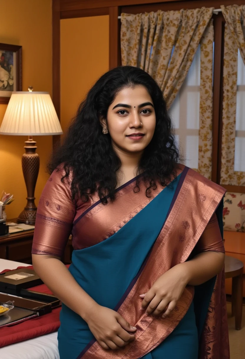 Kerala mallu female with fair Indian skin tone and black long hair.curvy chubby body figure. Wearing kerala saree and blouse and showing deep cleavage in kerala bedroom. Full size photo. Detailed photo. Realistic photo. Photo taken in nikon camera.face looking straight. At night