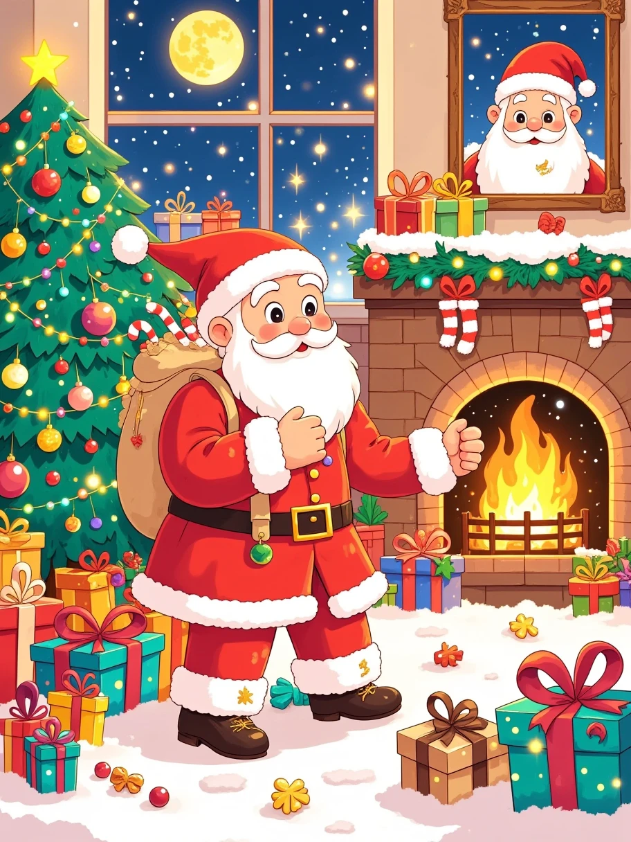 vector cartoon art style of Santa Claus standing next to a Christmas tree with presents, full moon light shining on him, and behind his back is a big bag filled with gifts. The background is a white snowy scene with a small village house in the distance. This is a illustration with colorful, bright colors, high resolution, high details, and high quality digital art, with a hyper-realistic style. 