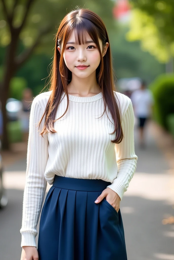  1 beautiful woman,  medium light brown hair 、26 years old、White knit、 dark blue long skirt、Height: 155cm、Bust 88cm、Waist 60cm、Hips 88cm 、 walking in the park、Shiny whitening 、 Hairstyle with bangs、 announcer、round face、Long sleeve clothes、大きな胸