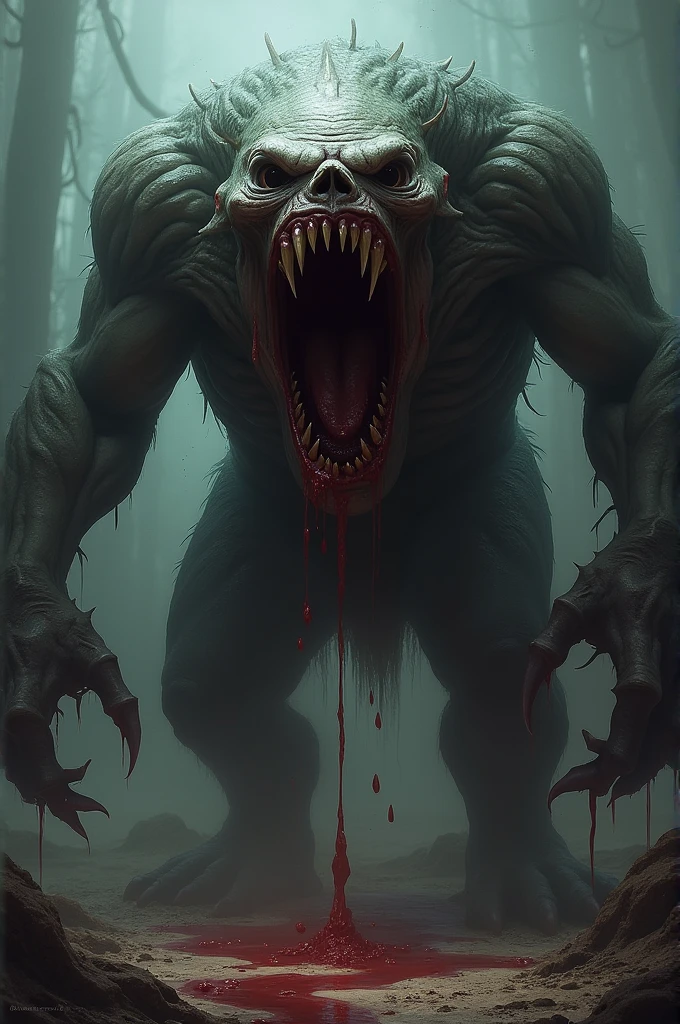a hairy monster,  but he has a big and very noticeable smile, your teeth are actually blades that are covered in blood, your body is covered in blood, His eyes are huge with a dark blue chlorine, he is huge, and is behind dark trees in an extreme and cunning landscape 
