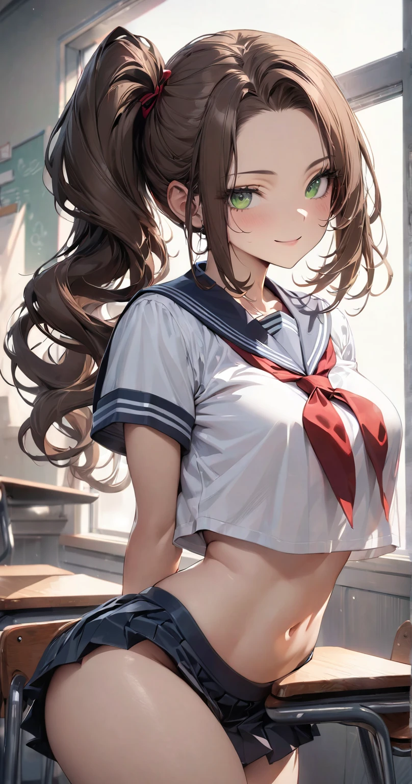 highest quality、All limbs、full finger、((one beautiful woman、solo))、((brown haired woman:1.3))、ponytail、big breasted woman、((sailor suit:1.2))、Dark blue skirt、big smile、high socks、school classroom、hands on hips