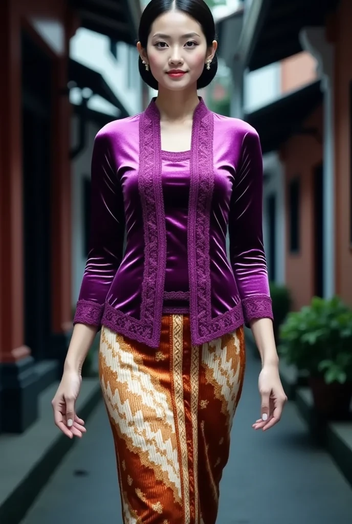 a beautiful Javanese young woman wearing a traditional kebaya outfit. detailed her face with flawless makeup. Her hair is styled neatly in a traditional Javanese hair bun style. The kebaya features intricate glossy purple velvet with embroidery on the bodice and edges paired, with a tight batik skirt. She is gracefully walks in a outdoor setting street alley city night atmosphere. The overall mood is graceful and culturally authentic, emphasizing the richness of Javanese tradition