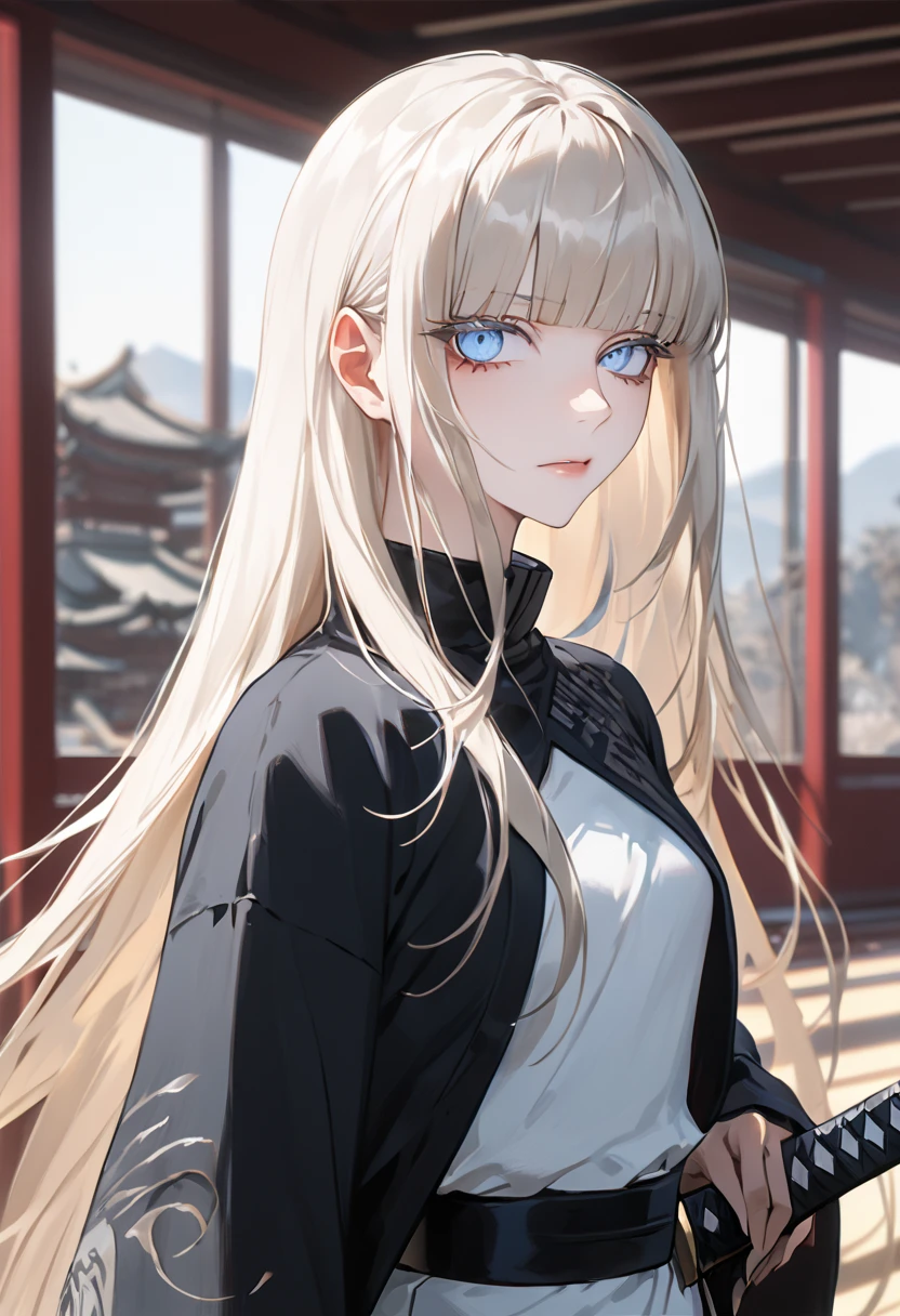 Anime style, 1 girl, 1 sexy girl, white pale skinned girl, porcelain skin, blue eyes, (HAIR: light blonde straight cut, long length, full bangs covering eyebrows, side framing fringe, extra long hair ) (BODY: flat chested, skinny, short )(best quality, 4k, 8k, highres, masterpiece:1.2), ultra-detailed, HDR, UHD, studio lighting, detailed eyes, ultra-fine painting, sharp focus, physically-based rendering, extreme detail description, professional, vivid colors, in a dojo, holding a katana, score_9, score_8_up, score_9_up, source_anime