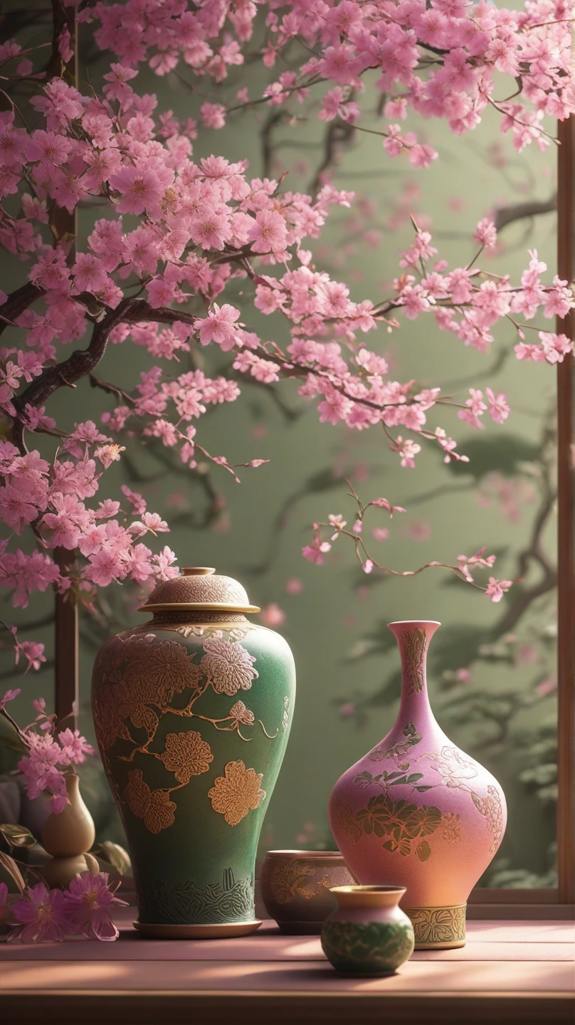 Black and silver Japanese pottery   , beautiful yellow camellias and purple berries are very long, narrow vase , soul,  fairy tale, soul、soul,   colorful  ,  Japanese garden 、  cinematic monotone lighting  , 8k, Bage design  、  High Quality  、   waving his greatest masterpieces 