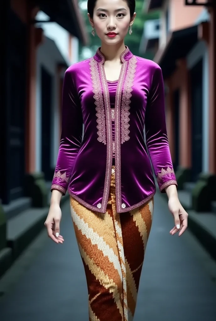 a beautiful Javanese young woman wearing a traditional kebaya outfit. detailed her face with flawless makeup. Her hair is styled neatly in a traditional Javanese hair bun style. The kebaya features intricate glossy purple velvet with embroidery on the bodice and edges paired, with a tight batik skirt. She is gracefully walks in a outdoor setting street alley city night atmosphere. The overall mood is graceful and culturally authentic, emphasizing the richness of Javanese tradition