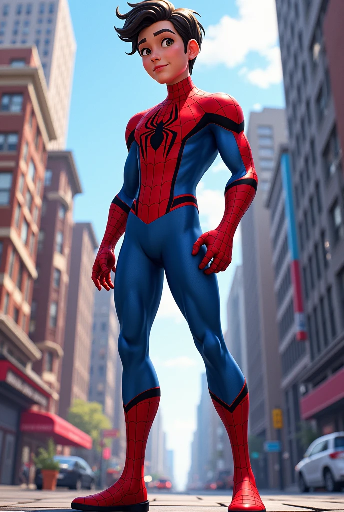 Spiderman tall, of medium build, brown eyes slightly slanted, full lips, perfect nose, animated version and full body give him a little bit of cheeks but he's not fat