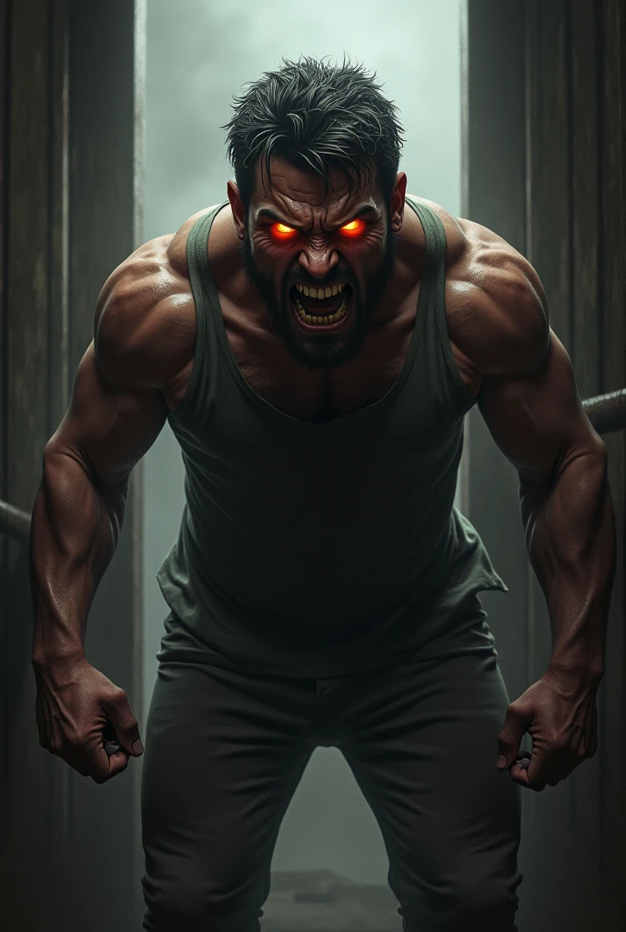 Felipe now with an expression of fury, with reddened eyes or a sinister glow. His posture is aggressive, with broken objects around him, symbolizing the chaos he is causing.