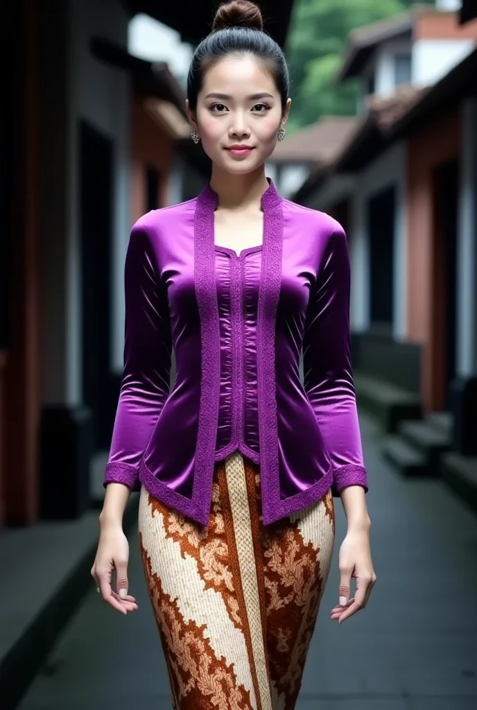 a beautiful Javanese young woman wearing a traditional kebaya outfit. detailed her face with flawless makeup. Her hair is styled neatly in a traditional Javanese hair bun style. The kebaya features intricate glossy purple velvet with embroidery on the bodice and edges paired, with a tight batik skirt.