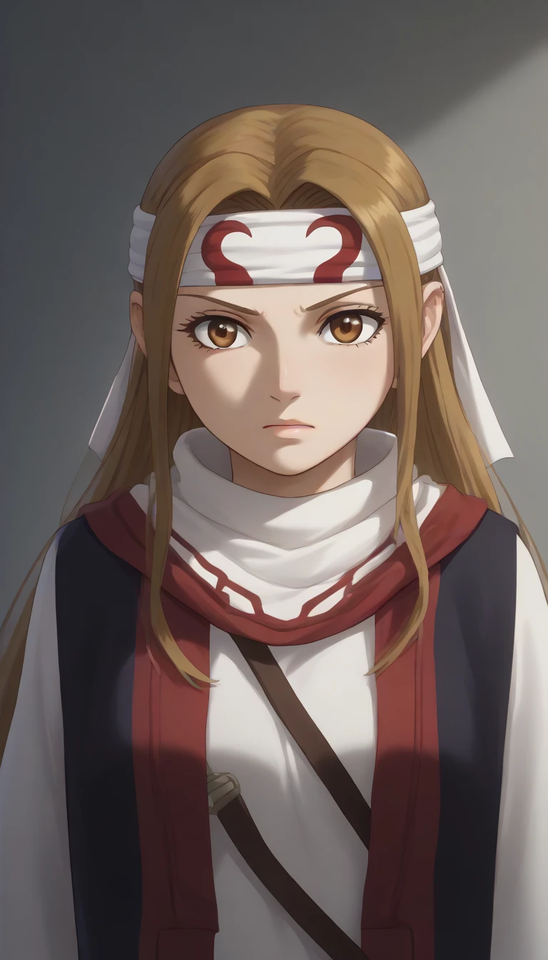 cowboy shot  masterpiece, super detail, high details, high quality, best quality, highres, 1080P, 8k, 16k  brown eyes very accurate clothing  score_9, score_8_up, score_7_up, ((cowl)) (((headband on forehead))) detailed clothing beautiful girl kyoukai  