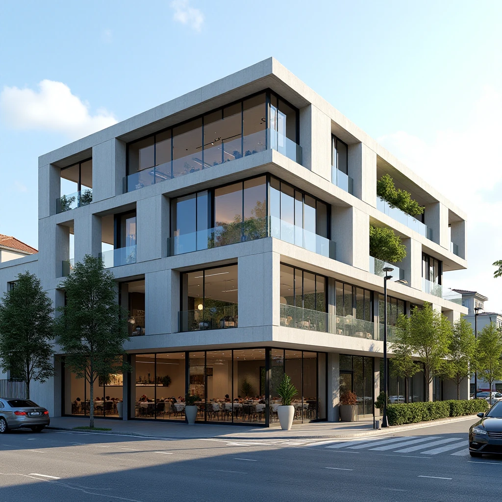 A modern 4-story commercial building designed for offices, restaurants, and cafes, with a length of 30 meters on the front side. The building is located on a two-sided street but not on a corner. The architecture showcases a sleek modern style, with the facade made entirely of one material, such as glass, concrete, or metal, providing a uniform and minimalist appearance. The design features clean lines, large windows, and a functional yet aesthetic layout. The scene is set during daytime with clear skies, highlighting the building’s modern and cohesive design.