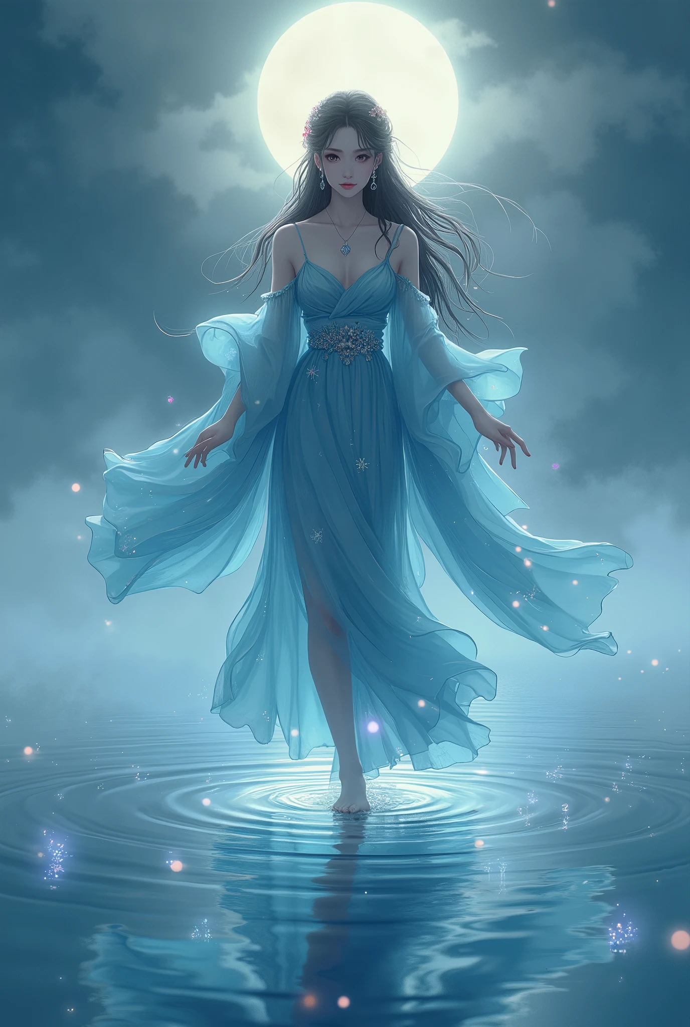 A goddess whose whole body is standing on the lake, Walking,  traditional Japanese goddess appearance ,  the most beautiful appearance of a goddess in the style of Alice Hirose ,  Beautiful style , Use Erika Ikuta's face as a model,  beautiful brown eyes,  beautiful pink lips, Clear facial depiction,  long, dark hair up,  hair ornament, earrings, necklace, Blue long dress, The feet of the goddess are undulating in waves,  facing the front, The entire surface of the lake is foggy,  mysterious light is emitting from the body, Fantastic ,  arms are moving quietly , Illuminated by the moon, colorful light is scattered, Moonlight reflects off the surface of the lake and illuminates the goddess,  fantasy,  professional lighting,  top quality,  high image quality,  high definition , 8k,  Animation Art ,  illustration art, 