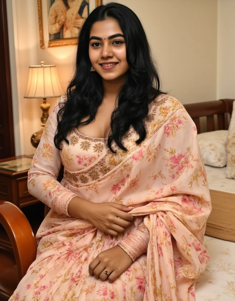 Kerala mallu female with fair Indian skin tone and black long hair.curvy chubby body figure. Wearing kerala saree and blouse and showing deep cleavage in kerala bedroom. Full size photo. Detailed photo. Realistic photo. Photo taken in nikon camera.face looking straight. At night