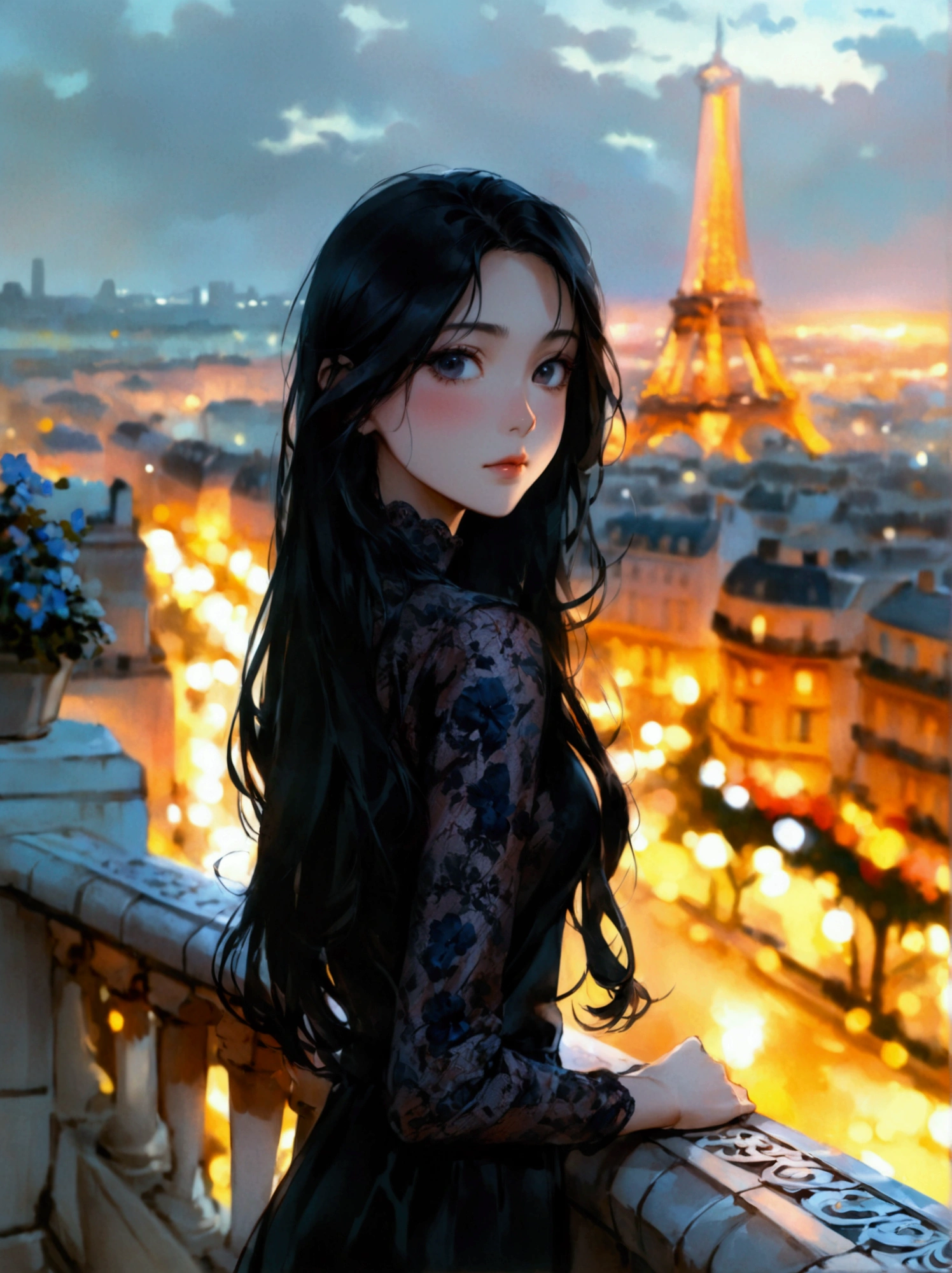 A full-body shot of a young Asian woman with long silky black hair standing on a Parisian balcony and leaning against the handrail. She is looking directly at the viewer with a subtle insecurity blush on her cheeks radiated by her slanted beautiful black eyes.  Her fair complexity smoothly glows, accentuating her diamond face shape, pointed nose, high cheek structure, and glossy lips. She wears a black see-through shirt with a vibrant marine print referring an evening of a pleasant day in spring. This cinematic scene is set against the vibrant urban landscape of Paris focused on the famous Arc de Triomphe far away. ((full body shot)), (wide view), highly detailed, soft colors, natural tones, standing on a balcony, from below