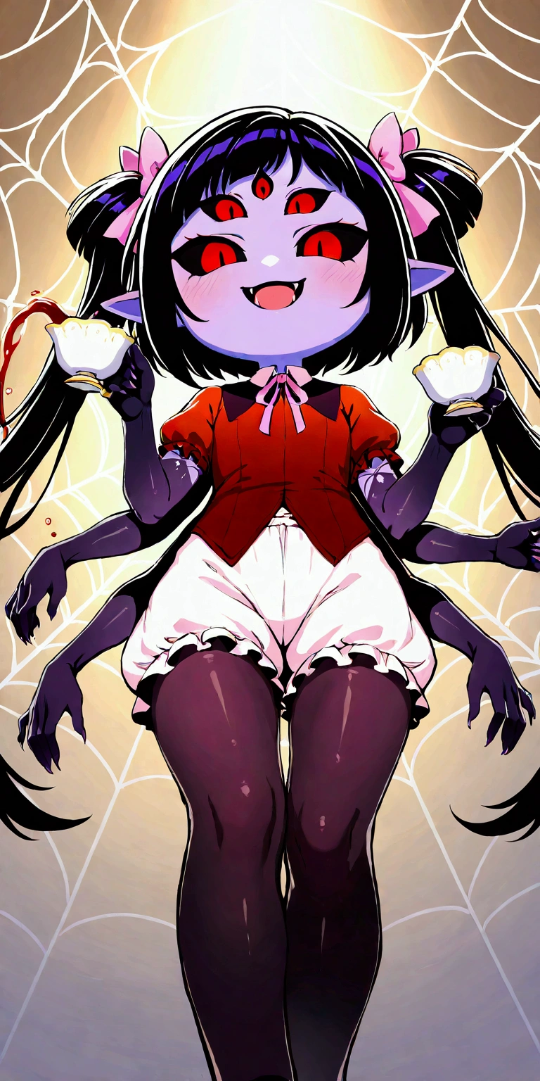 solo,1girl\(muffet\(under tale\),cute,chibi,monster girl,purple skin,humanoid, arachnid, anthro,(fangs),twin tails,hair bow,5 eyes,spider girl,6 arms, 6 hands,black sclera,red eyes, evil smile, clothed, holding teapot, holding teacup,beautiful spider webs, tight red shirts,pink ribbon tie, tight pink bloomers,pouring tea into teacup,black arm cover, black pantyhose,\), from below,cute pose,small spiders,dynamic angle. BREAK .quality\(8k,wallpaper of extremely detailed CG unit, high resolution, top-quality, top-quality real texture skin, hyper realistic, increase the resolution, RAW photos, best quality, highly detailed, the wallpaper, golden ratio, high saturation realism, vibrant colors, dramatic lighting, persuasive storytelling, atmospheric scenery, captivating visuals, intricate details, strong emotions, dreamlike world\)