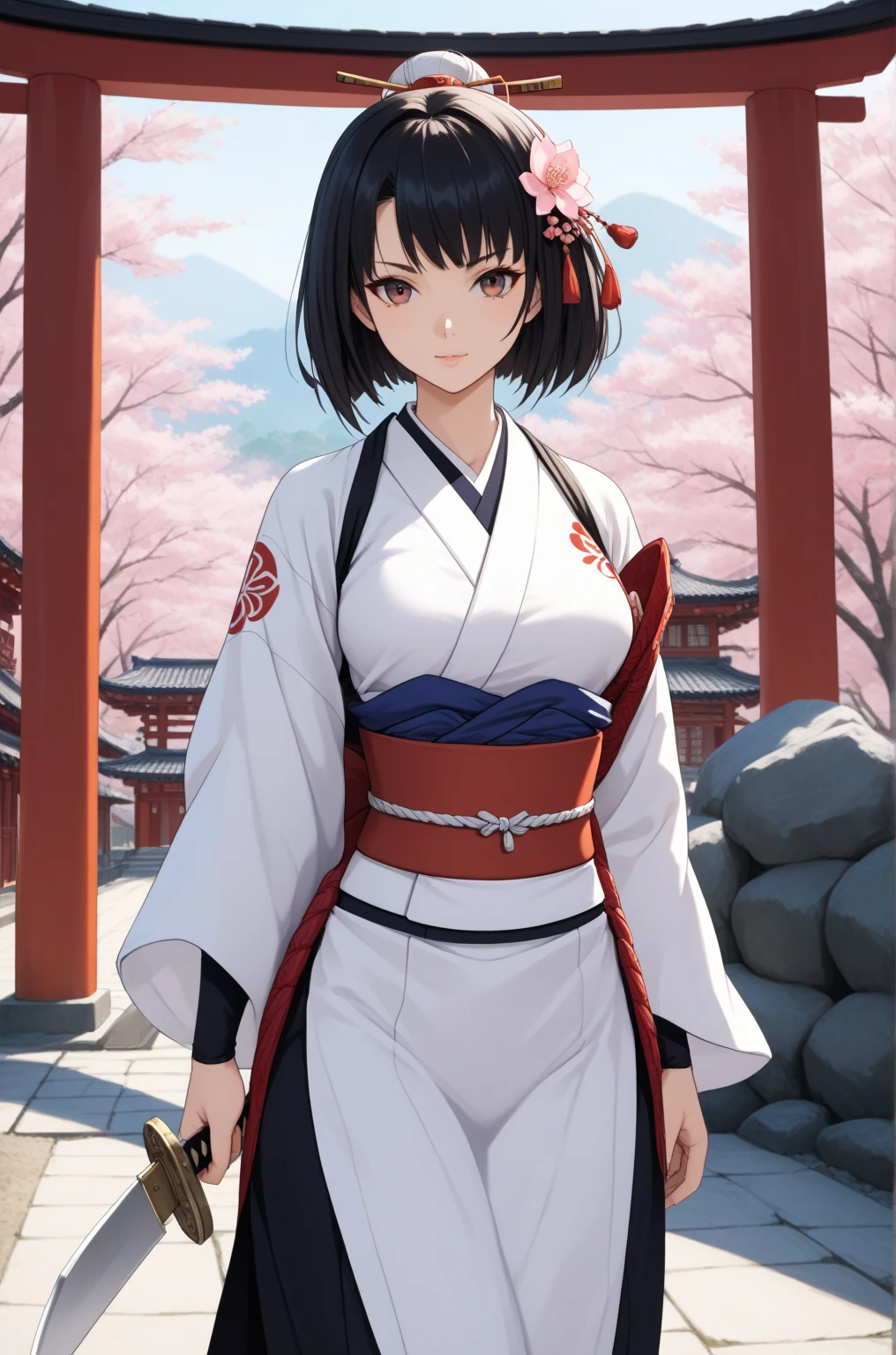  top quality,  Masterpiece,  highest resolution， (Traditional Japanese Samurai Armor), （battlefield_background），Shrine maiden costume_woman，4K, Alone， Japanese Knife ，(whole body)， anime style ，（ Nobunaga's Ambition with a tin cane illustration style），  hyper-detail , ( intricate details ),