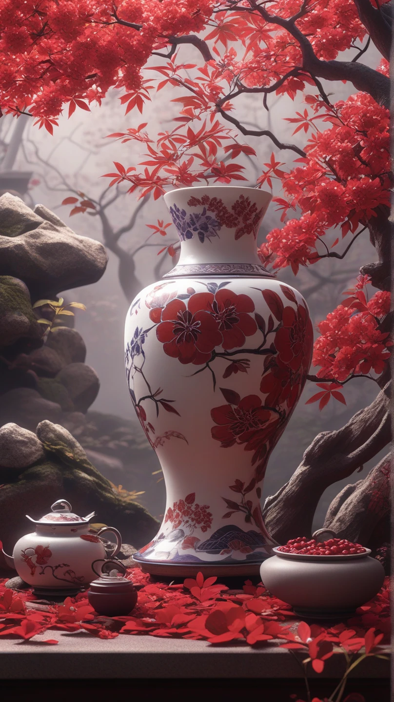 Black and silver Japanese pottery   , beautiful yellow camellias and purple berries are very long, narrow vase , soul,  fairy tale, soul、soul,   colorful  ,  Japanese garden 、  cinematic monotone lighting  , 8k, Bage design  、  High Quality  、   waving his greatest masterpieces 