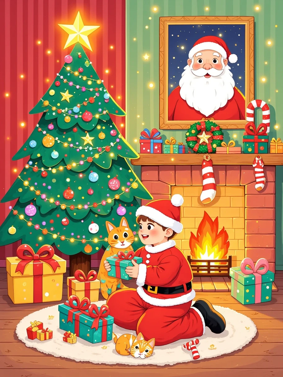 In the illustration, a cute Santa Claus sits in front of the Christmas tree, holding a gift box with a red gradient background as the main color and green and white as background auxiliary colors. This painting features bright color tones, knife work, cartoon retro poster design, detailed character expressions, and detailed costumes