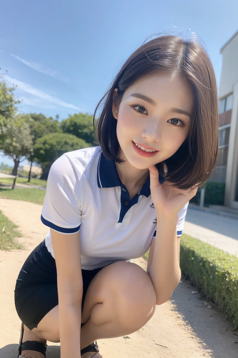 {A stunning Japanese-Korean lady, squatting in a polluted beach, ocean clean-up, at morning dawn, picking up plastic waste, sorting recyclables, with clean-up tools, nets, trash bags, grabbers, recycling bin. She is wearing T-shirt, Polo-Shirt, Volleyball attire, Tennis Skirt, PT shorts, hand gloves, hat, cap, visor,

Youthful charms, Friendly expression, Confident & Poised demeanor, smooth complexion, beautiful detailed face, beautiful detailed eyes and lips, long eyelashes, slender figure, perfect body proportion, snaggletooth, cute dimple, kind smile, Pinkish short straight hair, side ponytail, Curved in Blunt Bob, Asymmetrical Bob, Looking at viewer, 

Blurred background, Bokeh effect, ultra-detailed,
(best quality, 4k, 8k, high-resolution), 
(masterpiece:1.28), award-winning,
(realistic, photorealistic, photo-realistic:1.37),
HDR, UHD, studio lighting, ultra-fine painting,
sharp focus, physically-based rendering,
extreme detail description, professional photography, Vivid colors, Sunflare, SFW, Safe for Work,
Cowboy_Shot, Close-up Shot, High_Angle Shot,}