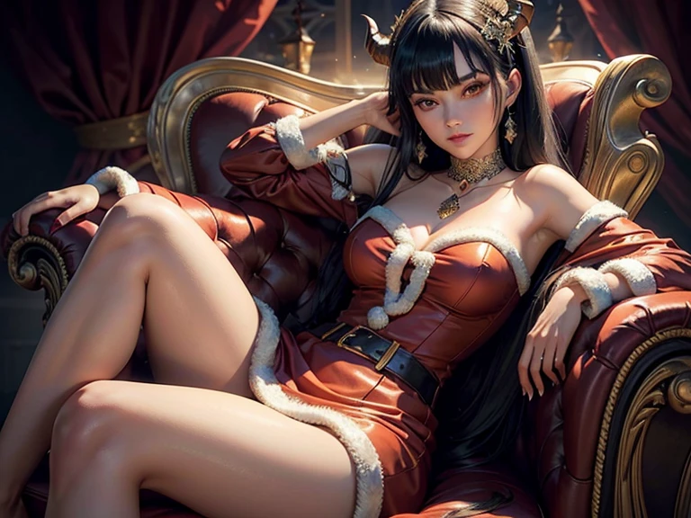 (masterpiece), (best quality), (detailed), light layer, lustrous skin, (intricate detailed , santa dress clothes, , demon wings,hair ornament :1.2), black hair, black choker, long hair, hime cut, woman, blunt bangs, sidelocks, red eyes, (mature female:1.1), side-ponytails  (christmas tree background:1.1), 
seated on a chair or sofa with one leg elegantly draped over the armrest. Her body should be relaxed yet poised, with a gentle curve in her posture to create a sense of laid-back luxury. One arm can rest across her lap, or she can lean slightly on the opposite armrest for balance. The other arm may be draped casually over the back of the chair, adding to the relaxed mood.