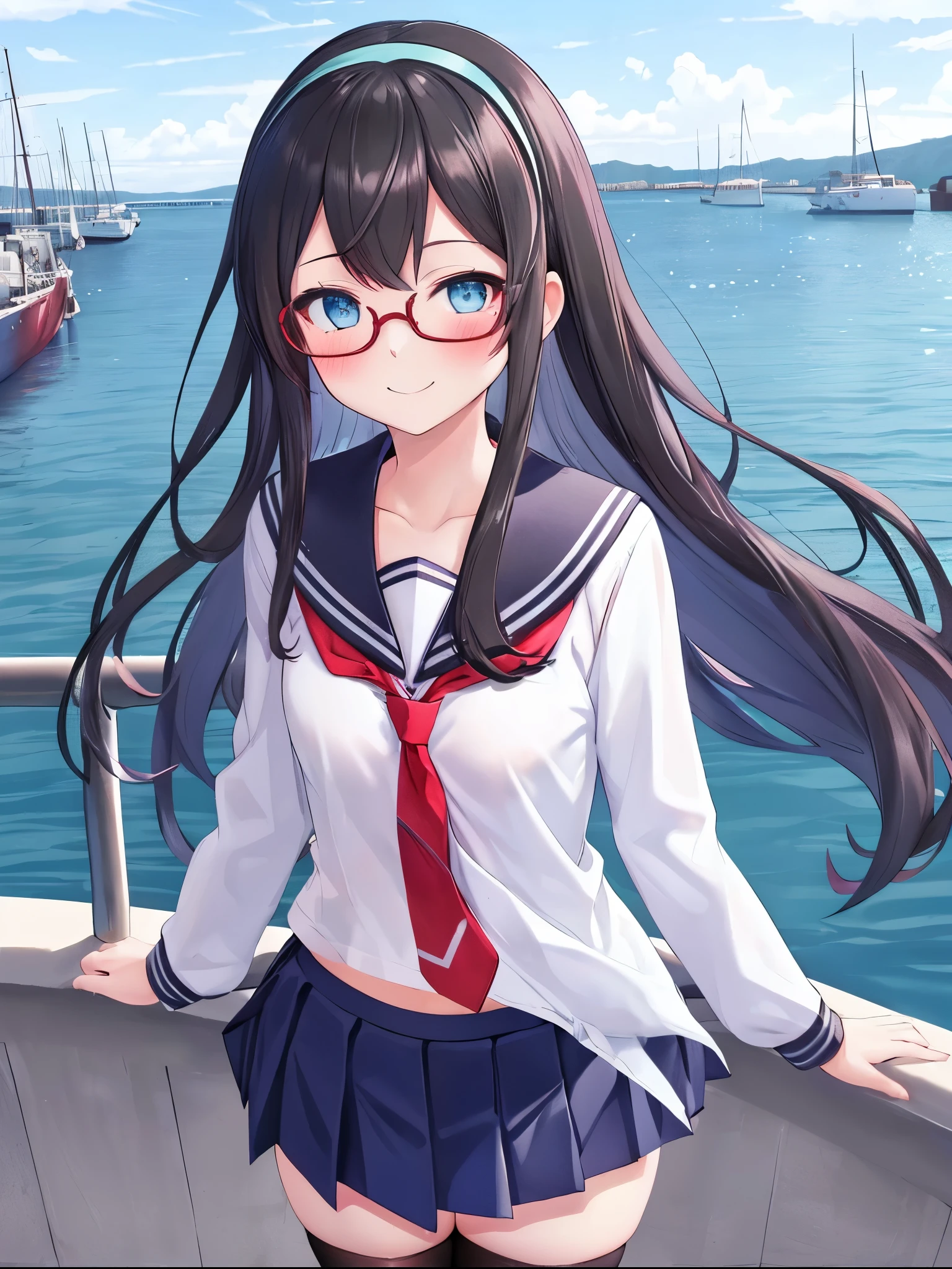 best quality, masterpiece, highres, solo, {ooyodo_kantaicollection:1.15}, black_hair, long_hair, glasses, hairband, semi-rimless_eyewear, under-rim_eyewear, blue_eyes, green_eyes, blush,small_breasts, 1girl, school_uniform, serafuku, pleats_skirt, looking_at_viewer, necktie, harbor_town_background, red_necktie,(angry:0.7),smile,,thigh-highs,solo