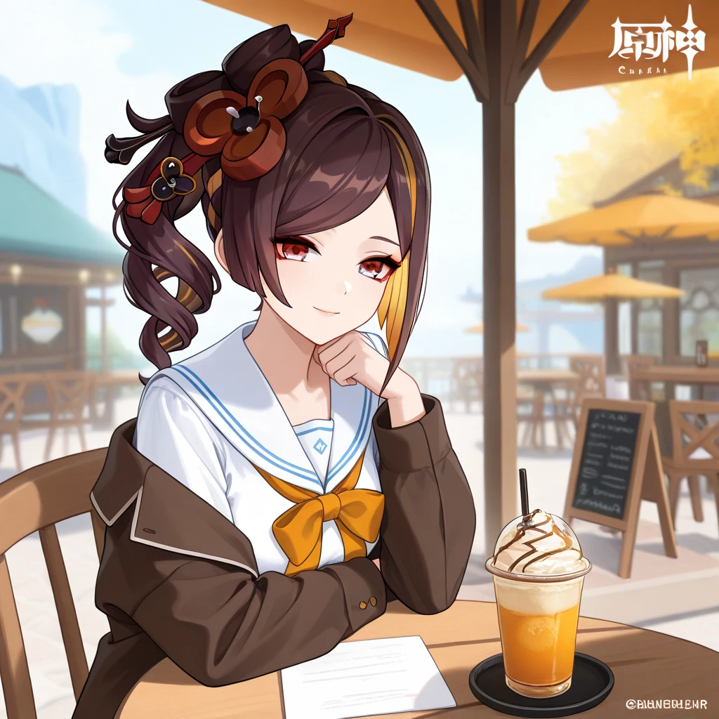 Super detailed,(Highest quality),((masterpiece)),(High resolution), (detailed eyes), (beautifull eyes), beautoful scenery, soft light, 1 girl, chiori_\(genshin_impact\), brown hair, long hair, blue eyes, white dress, sailor collar, black jacket, open jacket, sitting on chair, outdoor, near cafe, look at viewer, smile, upper body,