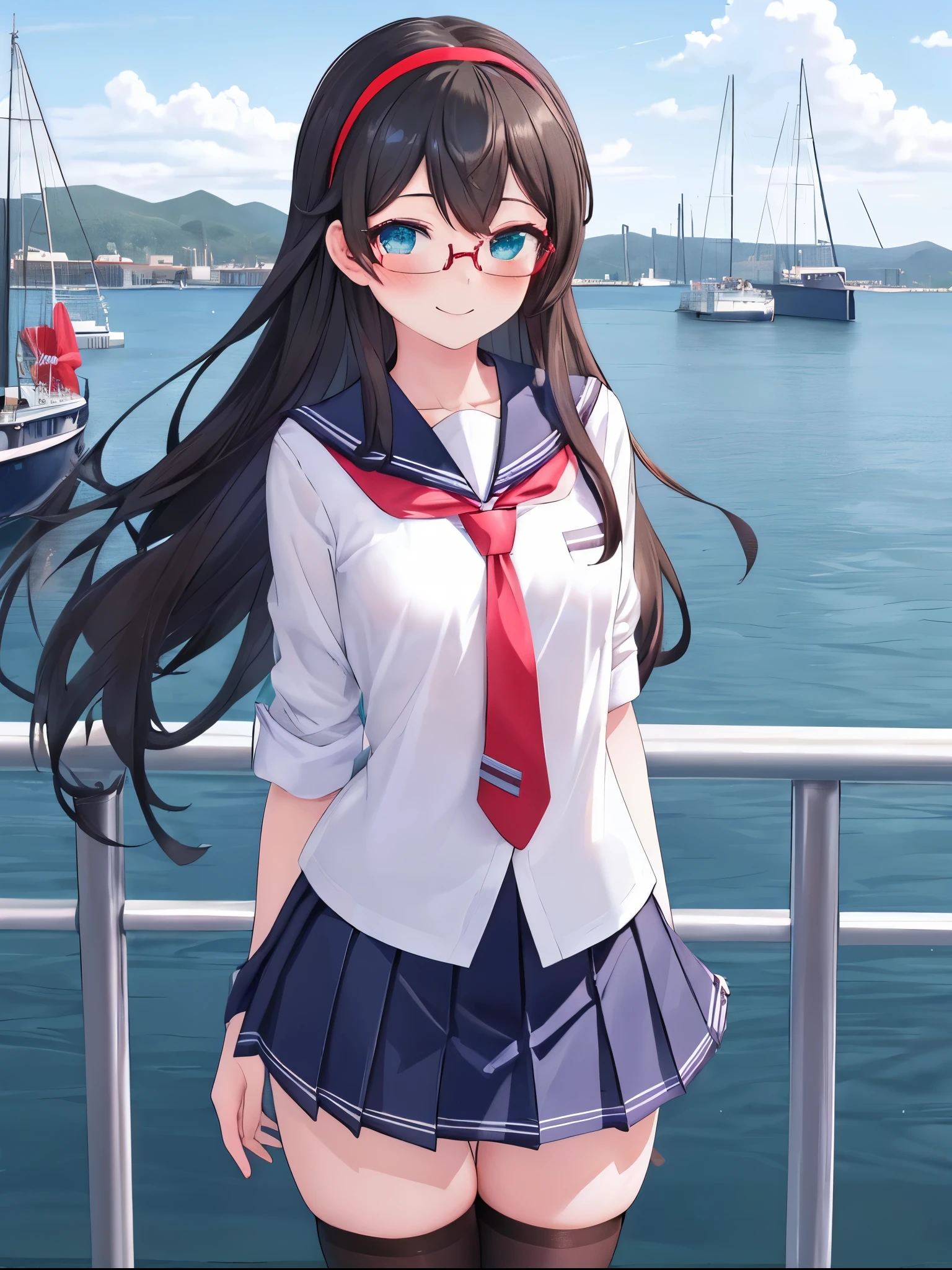 best quality, masterpiece, highres, solo, {ooyodo_kantaicollection:1.15}, black_hair, long_hair, glasses, hairband, semi-rimless_eyewear, under-rim_eyewear, blue_eyes, green_eyes, blush,small_breasts, 1girl, school_uniform, serafuku, pleats_skirt, looking_at_viewer, necktie, harbor_town_background, red_necktie,(angry:0.7),smile,,thigh-highs,solo