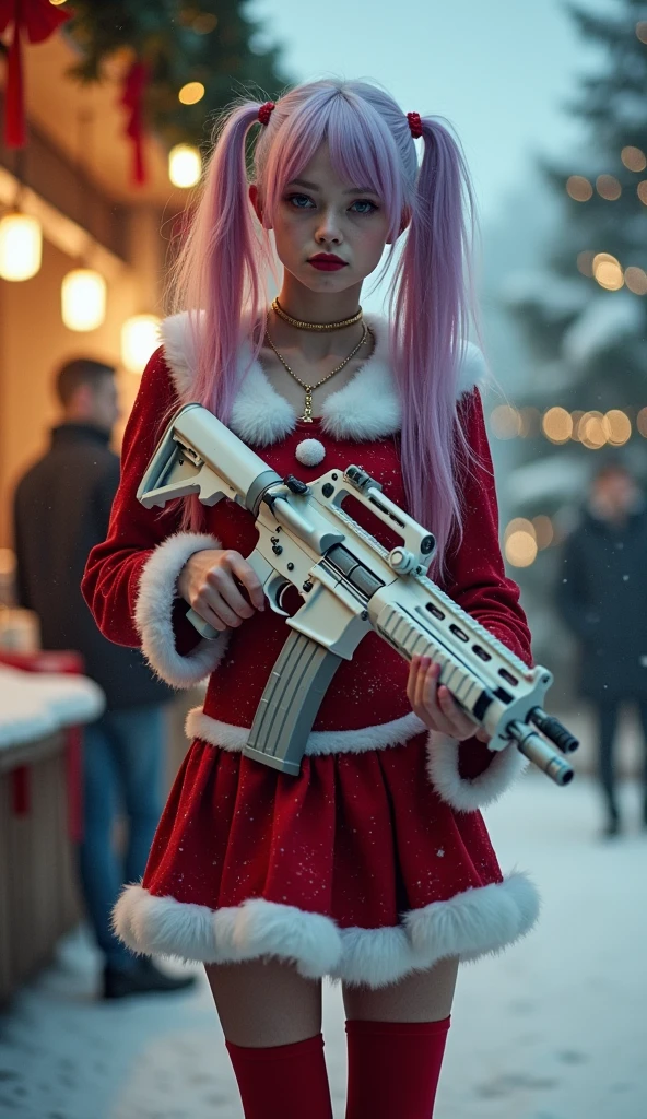 a cinematic full body pictrue of a Russian slim skinny teen girl holding an white AR-15 assult rifle, with white vampire color of skin with two pony tails long hair to the ground one side of here hair is pink the other side purple, heavy pastelle Make up with long eye lashes and pink rouge,oversized black thin glasses, with a necklace with the text "Love Santa" written on it. (Dressed as santa claus in a skin tight school girl with chrismast dress), super slim skinny waist, thin waist, skinny hourglass figure, super long skinny legs with white over the knee stockings, 20inch red platform high heels, She is standing besides a big santa sack with christmas presents, she is garding the presents, snow in the air evenning at the christmas market, beautiful worm light,  (holding an white AR-15 assult rifle), christmas theme background with christmas tree, full body shot, long shot, wida angel, full body legs and high heels, 