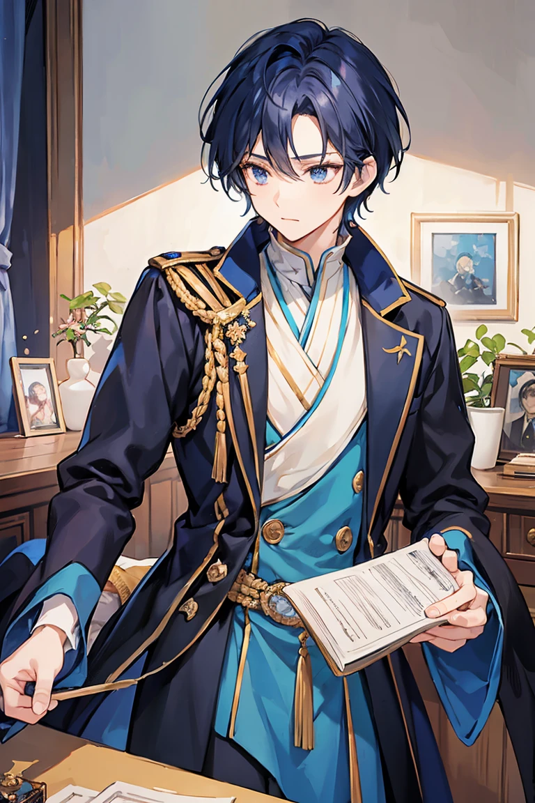 (highest resolution, distinct_image) A man of the best quality, masterpiece, highly detailed, semi realistic, black short haired man, 18 years old, tall and strong, blue uniform, military uniform, military academy, unruly, studying, holding a book