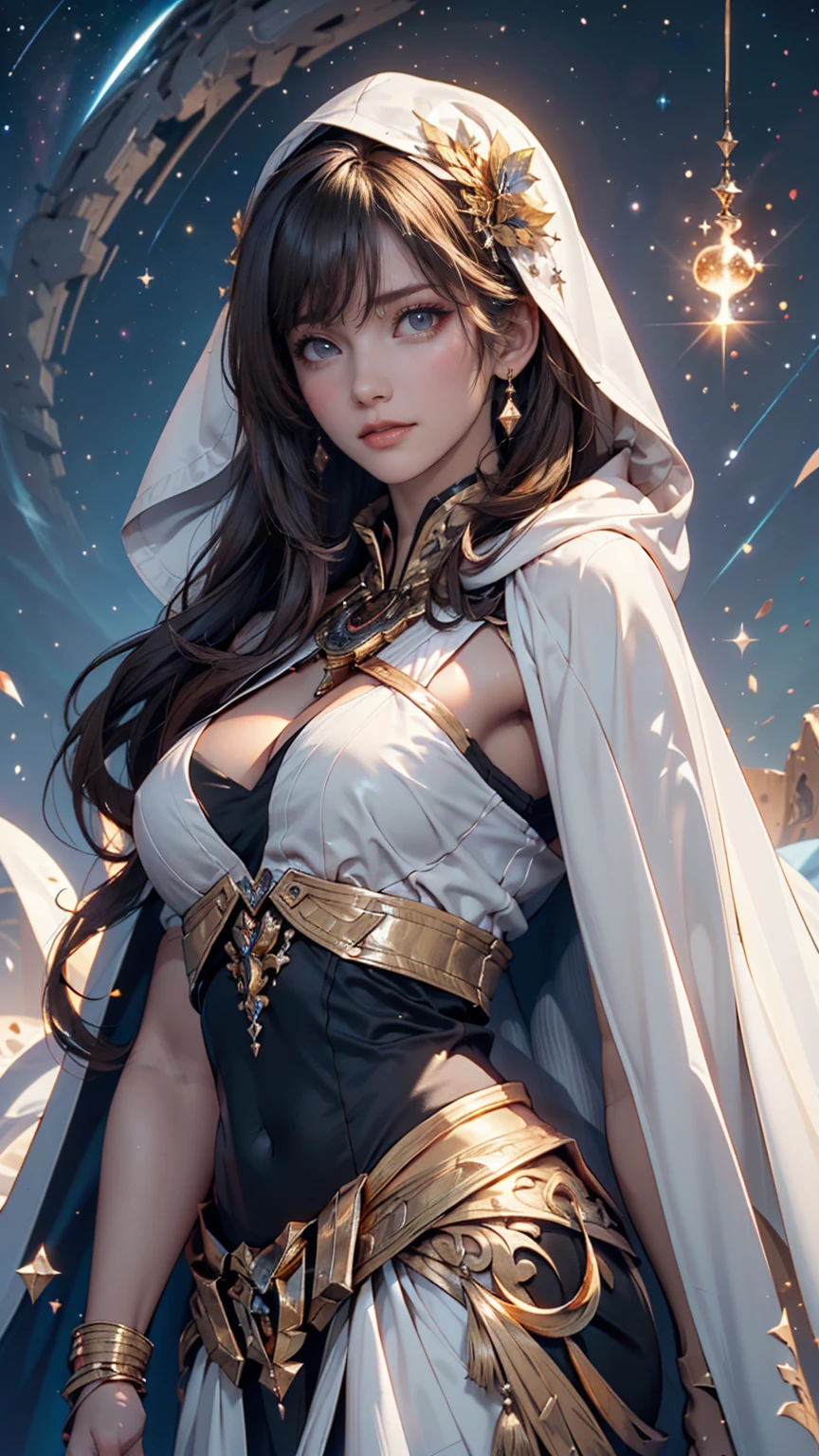 solo , 1woman , 1 mature woman , i need a hot brown skin woman laying on white fur with a sexy and with moons and stars pattern outfit dealing with winter and blue eyes , hoop earring , solo