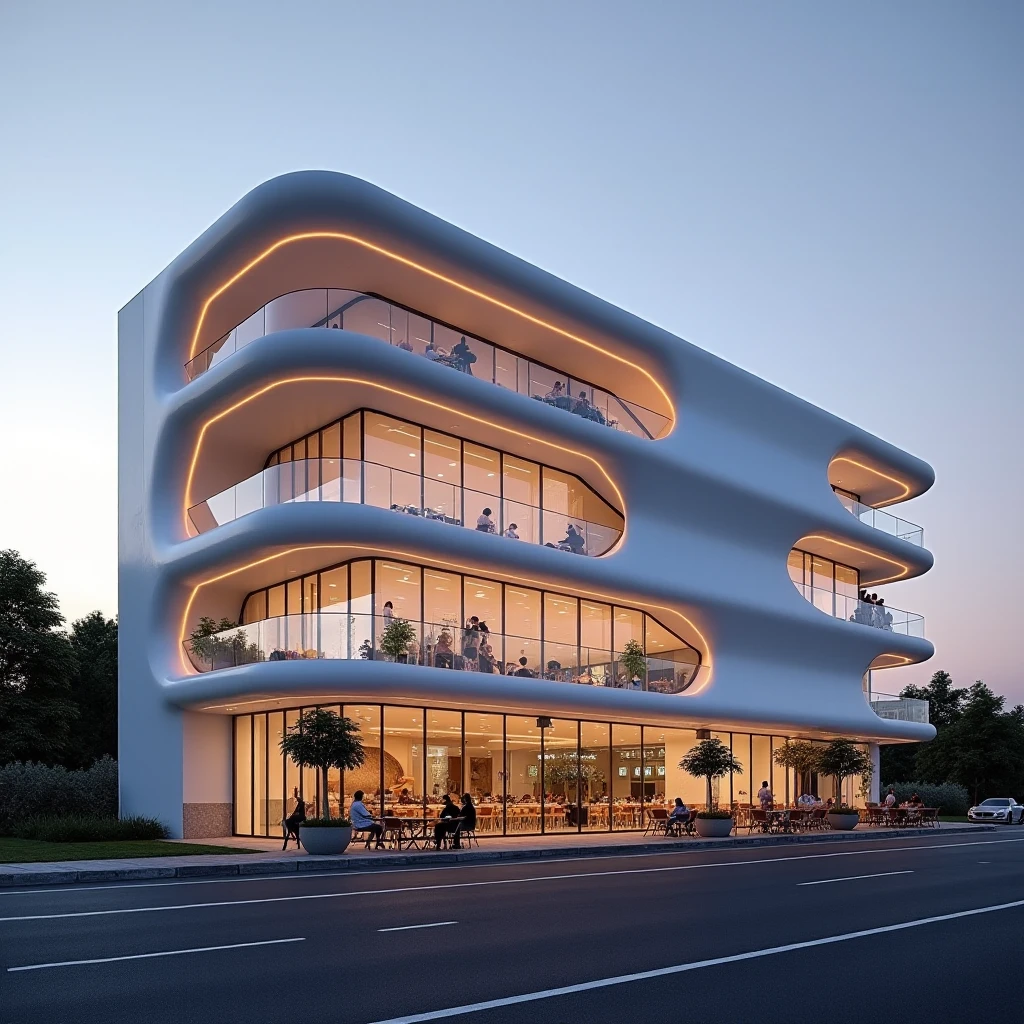 A modern 4-story commercial building designed for offices, restaurants, and cafes, with a length of 30 meters. The architecture showcases a sleek modern style with unique lines, the facade made of  white material. The scene is set during sunset time, highlighting the building’s modern and cohesive design.