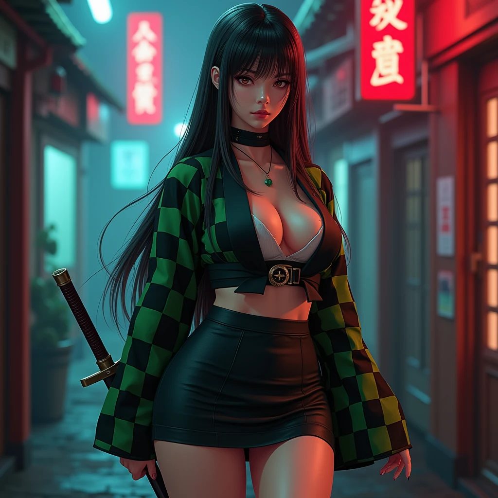 Big breasts,1adult girl, solo, expressive eyes ((black hair: 1.4, red tips, multicolored bob hair with short ponytail, choker)), double eyelids, light effect on eyes, brown eyes, adult woman, milf, (black top, pleated skirt, fishnet stockings) confident face, sfm, eyebrow piercing, ear piercing, navel, nagatiti, hanging breasts, ((Artwork, 16k, realistic, shadow and light on skin)) makeup, dark lipstick, a park, tattoo on arms, open waist, (perfect symmetrical body)