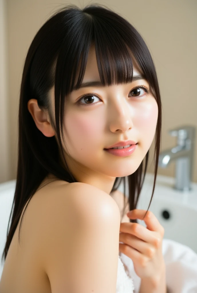 Photorealistic, a beautiful Japanese actress like an idol, 21 years old, oval face, almond-shaped eyes, small nose, full lips, clear and beautiful bare skin, slender, busty, medium straight hair, take a shower, 振り返り