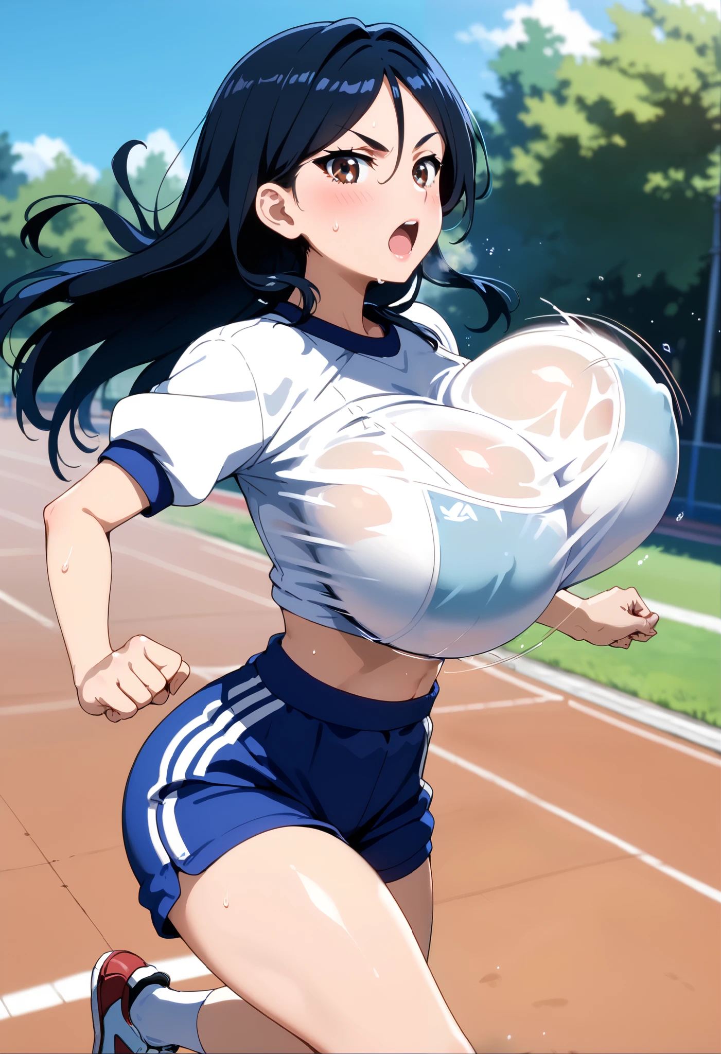 score_9, score_8_up, score_7_up, source_anime, (anime screencap:0.5), 1girl, Alone, outdoors, school,fukiyosepony, long hair, black hair, brown eyes, hair between eyes, parted bangs, large breasts,(huge breasts),(round breasts),nalow waist,slender,curvin,sexy, glamor, gym uniform, blue gym shorts, looking at viewer,frustrated,sweat,blush, feel horny ,Estrus season,open mouth, dynamic angle,bare arms,v-shaped eyebrows, color bra visible through clothes,taut clothes,(bouncing tits:1.2),(bouncing boobs:1.2),random shot,Mr.々Perspective,((running)),(jogging),(Breasts bouncing up and down ),side view,from above, oblique perspective 