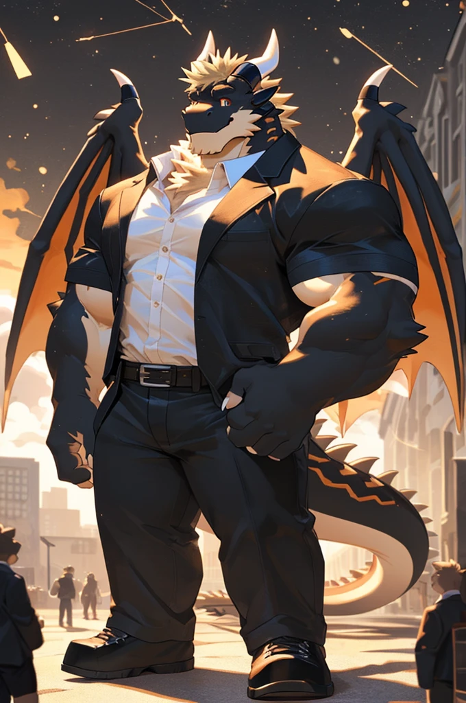 (sfw:1.5), male focus, security guard, Handsome 1boy, solitary，protrait photo, single, (White nails, White Paws:1.4), (Light blond hair:1.5), (Black and gold dragon wings, Huge black and gold dragon wings:1.3), Black and gold skin, (Black horn, Black curved corners:1.4), (Black body:1.3), (Pale blond chin, Pale golden neck:1.4), Pale golden chest, Light blond chest hair, (perfect golden eyes:1.4), (Black scales:1.3), (Black Hands, Black Hands臂, Black Hands指, Black head:1.4), 
Western Dragon, dragon, dragon boy, dragon body, feet, (big eyes, large eyes:1.4), (Chubby face, The body is huge, Larger face:1.3), 
(Black short sleeve, White short-sleeved shirt, Black pants, Black leather belt:1.4), 
(Mature men:1.4), (Strong body, muscle,Strong male:1.3), (Thick arms:1.3), (cute:1.2), (Looking at the audience, Focus, Eyes gaze:1.2), (Smile:1.4), 
full background, Simple background, Pure white background, (Q version avatar:1.4),
, Mysterious and romantic atmosphere, Caustic lines(refraction, polarization)Perfect anatomical structure, absurd, Detailed background, (Delicate eyes:1.3),Printing style。((artist:Takemoto Arashi))