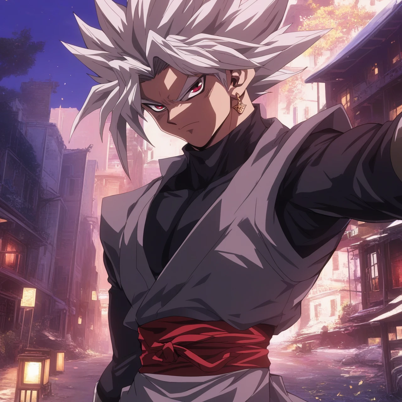 zPDXL3, score_9, score_8_up, score_7_up, score_6_up, score_5_up, score_4_up, highres, incredibly absurdres, highly detailed, outdoors, dark, night, closed mouth, 1boy, solo, ninja, spiked hair, white hair, red eyes, single earring, grey dogi, black turtleneck sweater, long sleeves, red sash, looking at viewer,  