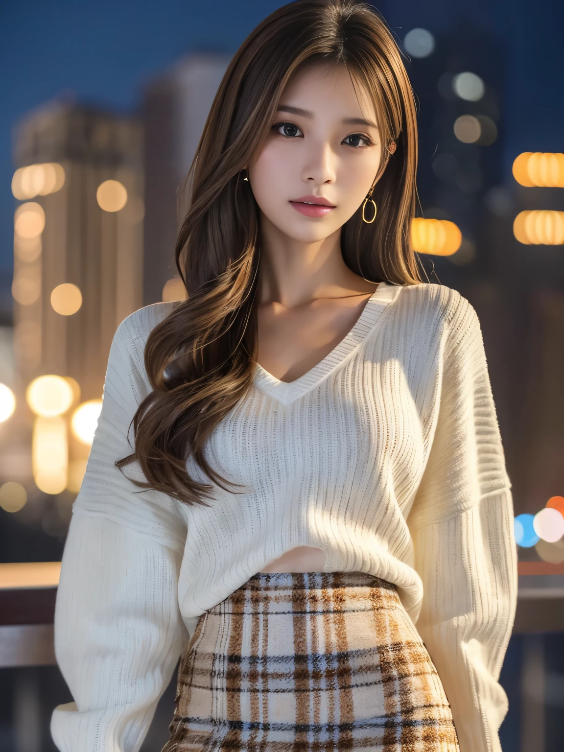 1 girl、(looking at the viewer)、(Bokeh:1.1)、parted lips、No expression、realistic、tights、skirt、skyline、realistic、アップskirt、skirtリフト、highest quality、masterpiece:1.3、超A high resolution、Angle of view from below:1.25 、panties close up:1.35、A look of embarrassed laughter、The background is a night view、(look viewer:1.3)、(beautiful face:1.2)