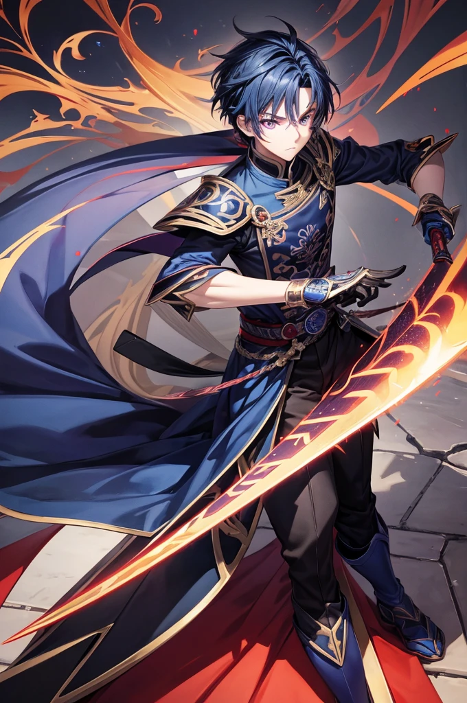 (Fantasy, Magic, Western painting style), vision screen, (Mage): 1.5, black robe, exquisite staff, mysterious and noble, looking at the background of the sun, white clouds, blue sky, your eyes, to the infinity and beyond.