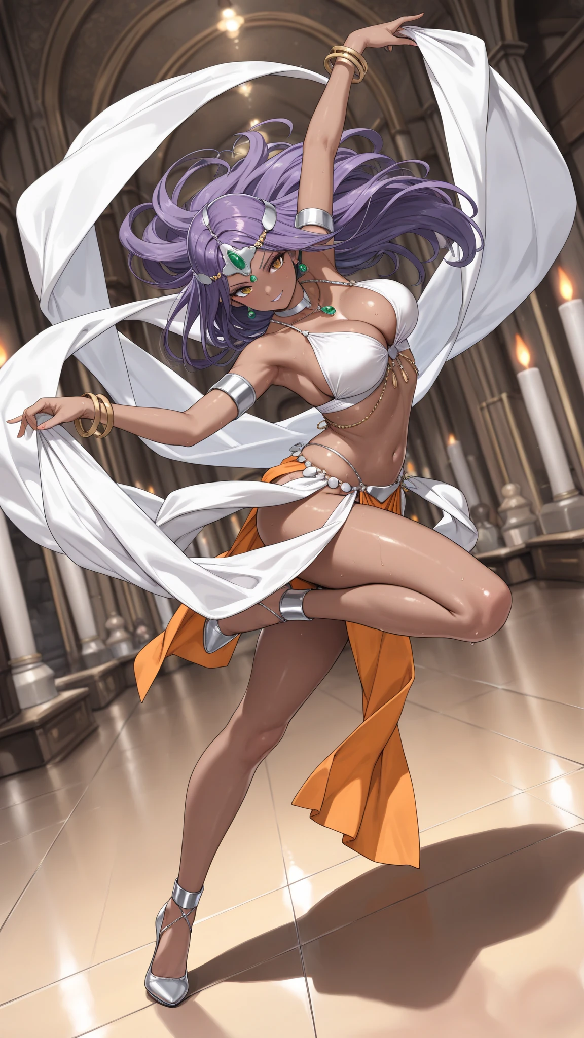 solo,1girl\((Manya:1.2)\(dragon quest4,game\), purple hair, circlet, earrings, choker, bracelet, armlet, bikini, loincloth,dancer,dark skin, shiny skin, cleavage, wearing jewels, crystal jewelry,  beautiful hair, long hair,floating hair,shiny hair, wavy hair, bracelets, necklace, earrings,wearing makeup\(eyeshadow,lips\),long eyelashes,(dynamic pose:1.3),motion blur on costume,breast,(dancing\(beautiful dance\):1.5),big eye,beautiful eye,shiny skin,smooth skin,slender,stirring,wet skin,sweat,smile\), BREAK ,background\(inside golden palace,(very dark:1.4), luxury, many shiny reflects\),(long shot:1.4),(wide shot:1.4),full body,(dynamic angle:1.6),long shot. BREAK .quality\(8k,wallpaper of extremely detailed CG unit, high resolution, top-quality, top-quality real texture skin, hyper realistic, increase the resolution, RAW photos, best quality, highly detailed, the wallpaper, golden ratio, high saturation realism, vibrant colors, dramatic lighting, persuasive storytelling, atmospheric scenery, captivating visuals, intricate details, strong emotions, dreamlike world\)