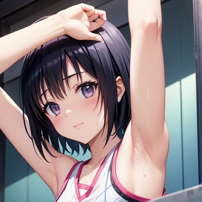 Japanese　14-year-old woman　Skin　Both arms raised　Bob Hair　Armpit sweat　Tank top