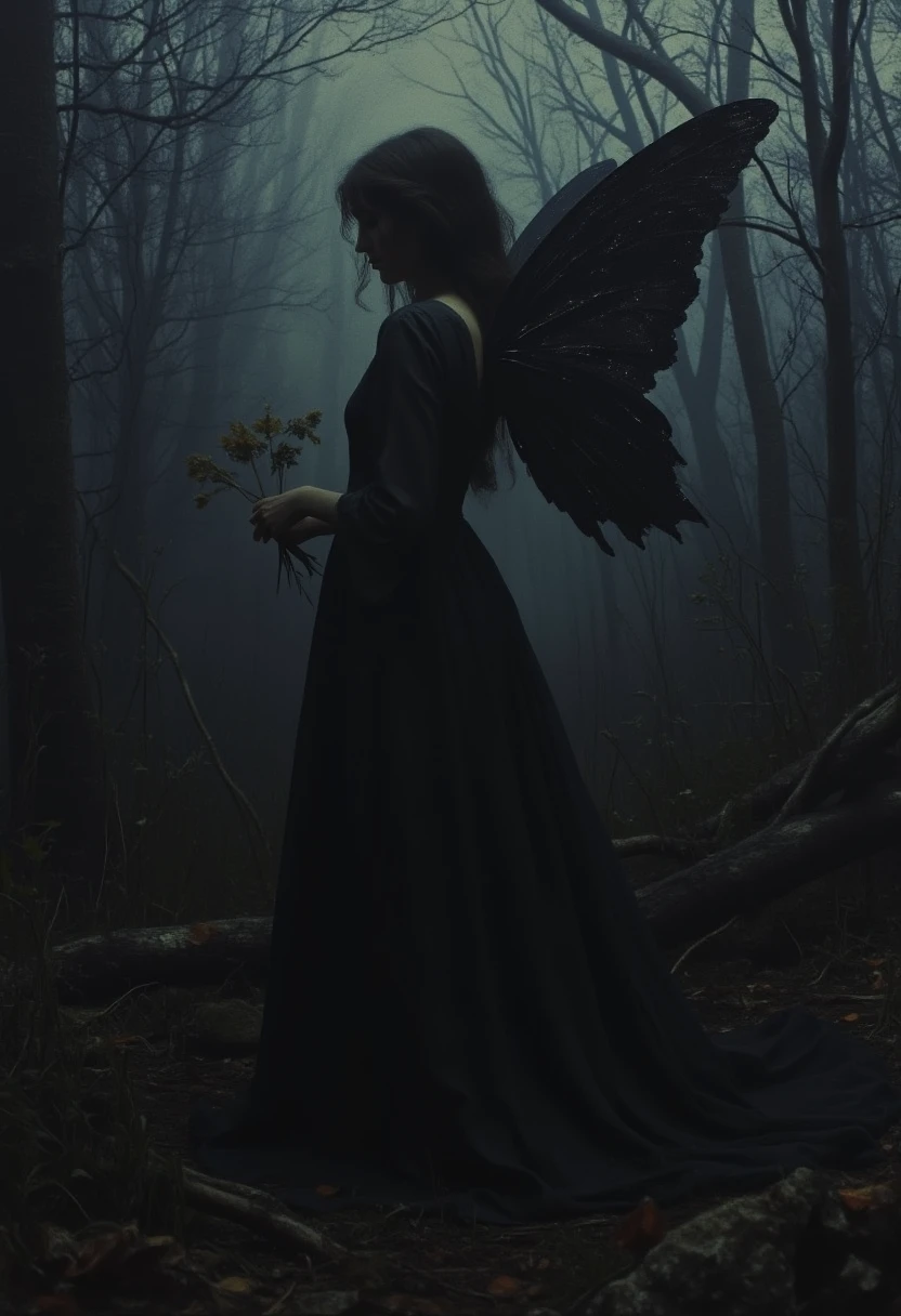 Nyx, the fairy of the night, taciturn, standing gracefully in a dark forest at night. Her flowing gown blends seamlessly with her ethereal wings of darkness, exuding a silent sadness and ethereal beauty. Oil painting, dark fantasy art, in the style of Greg Rutkowski. Dramatic chiaroscuro lighting, highlighting the contrast between light and shadow, with a cold color palette of blacks, grays, and whites. Highly detailed rendering of the gown and wings, with textures resembling smoky, ethereal darkness.