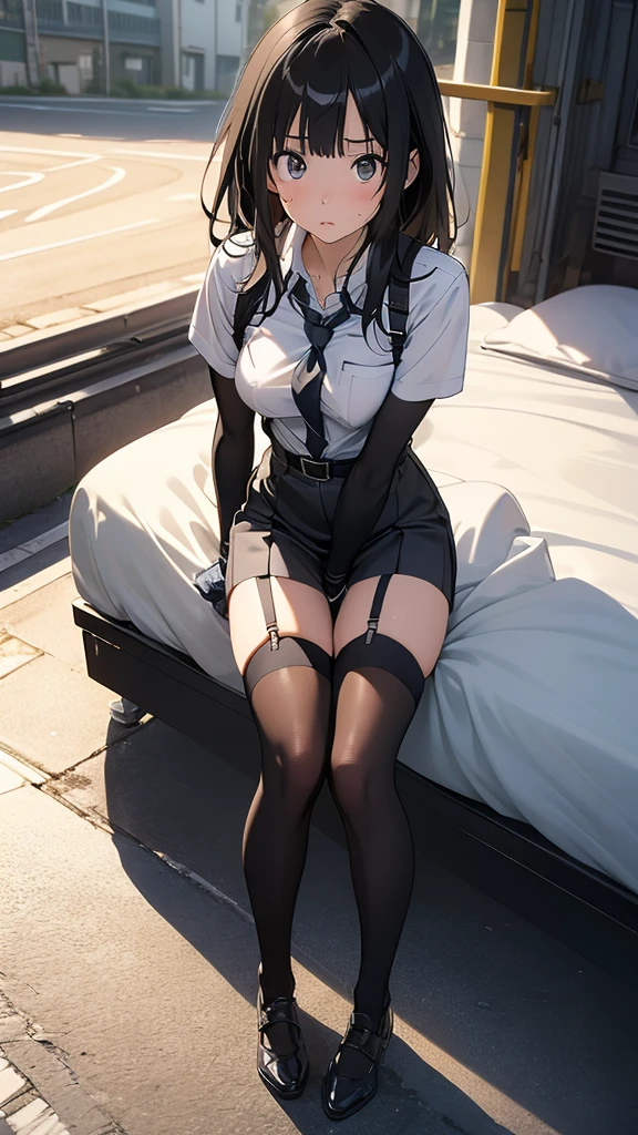  High Quality , masterpiece,  super high resolution , ( realism: 1.4),  oil painting style ,  movie lighting, ,  I stood on an empty asphalt road and watched it.., and、flying crane suspenders 　　 Big Breasts　 　 　　　　 small face 　 　　　　　　　　　　  lies in bed　 looks up　　　　sweat 　　　belt　buzzer　脇sweat 　 black hole gloves 　suit　　　　  miniskirt　garterbelt　Foot Link　ズボンのbelt　　　 　　 fold your hands on your back　  uneasy expression　 looks up　 uneasy expression　Knee-length　 Knee-High Socks　Knee-length socks garter belt　garter　Garterbelt on thighs,  fold your hands on your back　　restrict　handcuffs　Cable ties　Cable ties on thumbs
