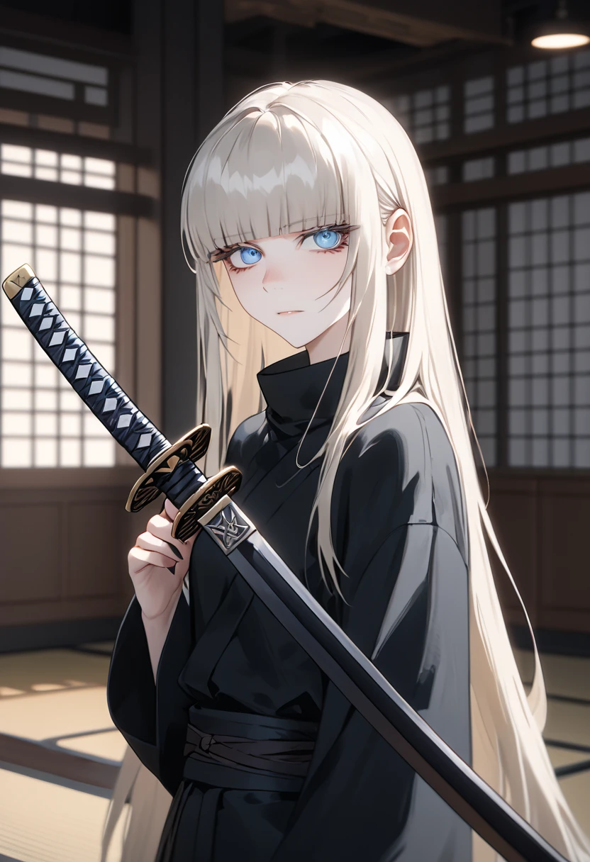 Anime style, 1 girl, 1 sexy girl, white pale skinned girl, porcelain skin, blue eyes, (HAIR: light blonde straight cut, long length, full bangs covering eyebrows, side framing fringe, extra long hair ) (BODY: flat chested, skinny, short )(best quality, 4k, 8k, highres, masterpiece:1.2), ultra-detailed, HDR, UHD, studio lighting, detailed eyes, ultra-fine painting, sharp focus, physically-based rendering, extreme detail description, professional, vivid colors, in a dojo, holding a katana, score_9, score_8_up, score_9_up, source_anime