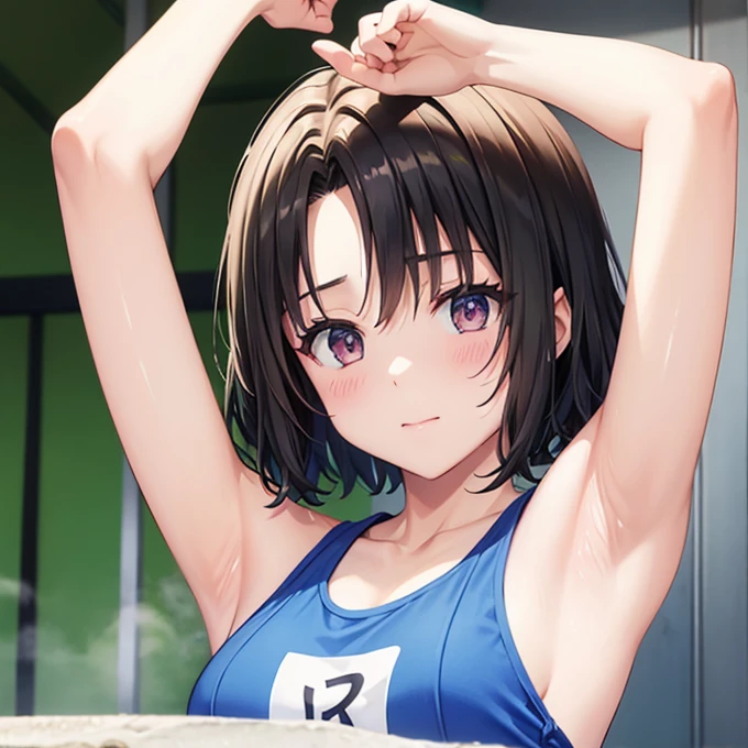 Japanese　14-year-old woman　Skin　Both arms raised　Bob Hair　Armpit sweat　Tank top