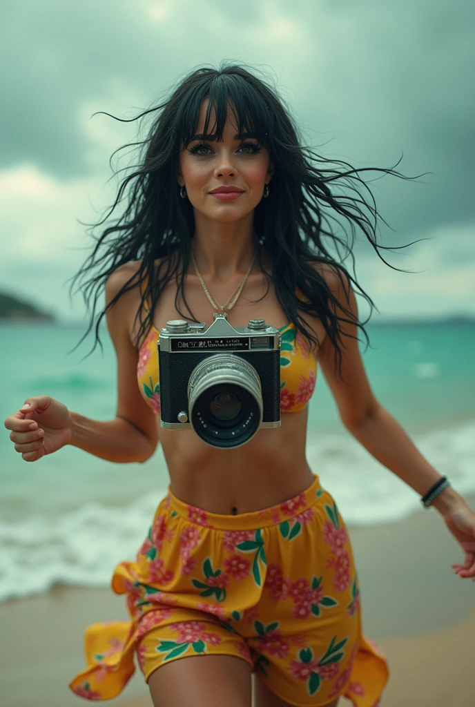 (((Pentax K1000))) foto de uma linda mulher na praia dos anos 80 em um vestido sexy,analog camera noise,cor danificada,foto antiga