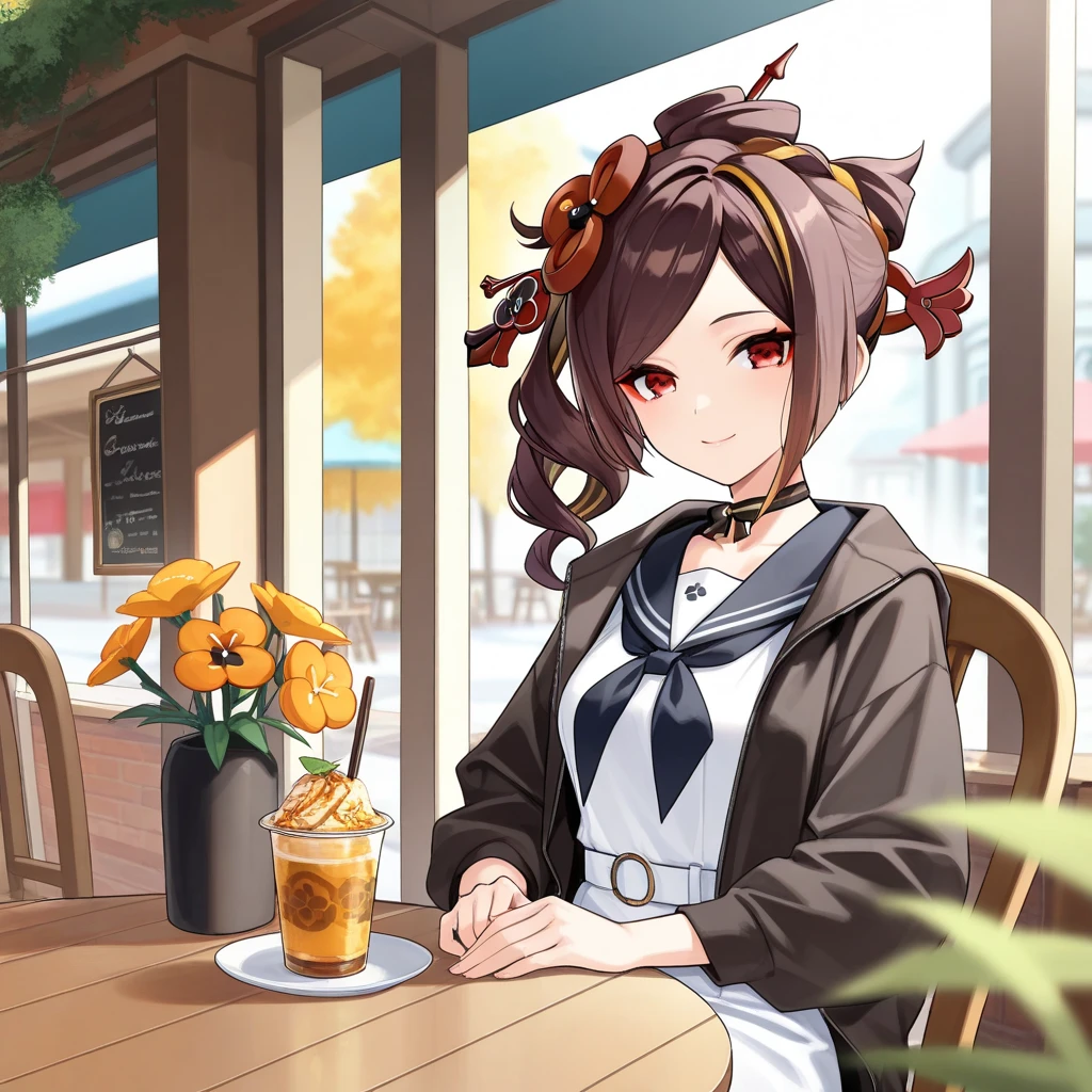 Super detailed,(Highest quality),((masterpiece)),(High resolution), (detailed eyes), (beautifull eyes), (extreme details), beautiful scenery, soft light, 1 girl, chiori_\(genshin_impact\), brown hair, long hair, red eyes, white dress, sailor collar, black jacket, open jacket, sitting on chair, outdoor, near cafe, look at viewer, smile, upper body,
