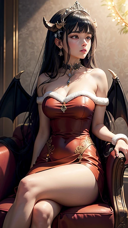 (masterpiece), (best quality), (detailed), light layer, lustrous skin, (intricate detailed , santa dress clothes, , demon wings, christmas hair ornament :1.2), black hair, black choker, long hair, hime cut, woman, blunt bangs, sidelocks, red eyes, (mature female:1.1), side-ponytails  (christmas tree background:1.1), 
sitting side-saddle on a chair, with her legs crossed or placed together at an angle. One hand can rest gently on her lap or on the chair back, while the other is relaxed by her side or lightly touching her hair or face. Her posture should be straight and poised, with a gentle curve in her back that enhances the lines of her body.