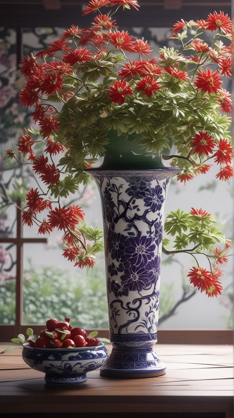 Black and silver Japanese pottery   , beautiful yellow camellias and purple berries are very long, narrow vase , soul,  fairy tale, soul、soul,   colorful  ,  Japanese garden 、  cinematic monotone lighting  , 8k, Bage design  、  High Quality  、   waving his greatest masterpieces 