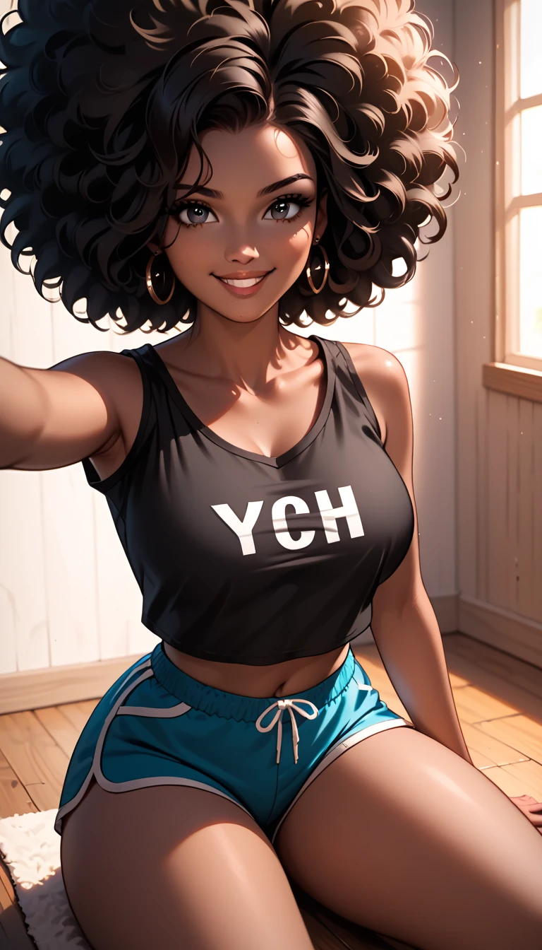 Selfie of a beautiful Afro woman smiling ,(  Your eyes are brown  )And the long curly black hair . The skin as dark as chocolate , the perfect hands . She wears a regular black shirt and blue dolphin shorts, exposed thighs, is sitting on the floor with her back against the wall looking at the spectator ,     thick thighs  ,Its anatomy is perfect, Photogenic,  high definition  ,  dramatic lighting ,     high definition     , detailed Alta qualidade,   masterpiece  ,detailed.
