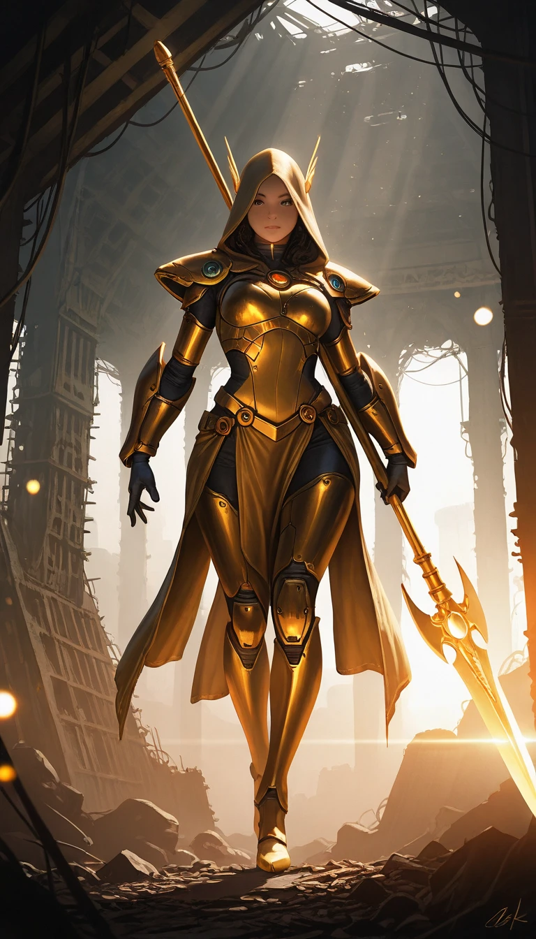 fantasy, mythology, photorealistic, full body shot of beautiful woman, mighty valkirie warrior, front to viewer, futuristic sci-fi clothes in legendary nordic mythology style, holding golden spear with both hands, abandoned viking city in background, masterpiece, ultra-detailed, proto-realistic, 8k, film grain, the golden rule of the tri-partite frame, cinematic light and composition, gods rays, bokeh, full body shot, dynamic pose, 