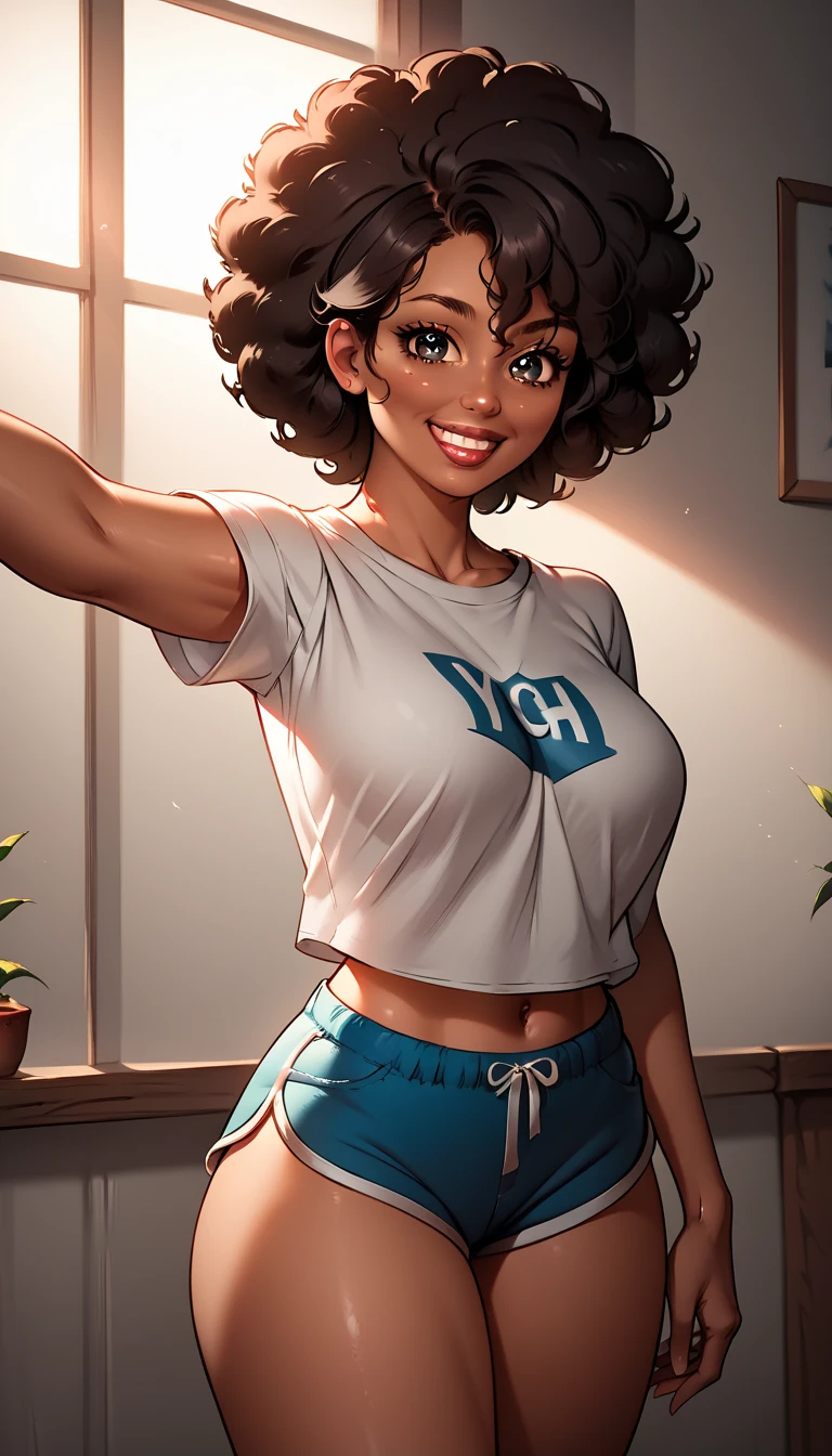 Selfie of a beautiful Afro woman smiling ,(  Your eyes are brown  )And the long curly black hair . The skin as dark as chocolate , the perfect hands .She wears a plain black shirt and blue dolphin shorts , exposed thighs, is standing with her back against the wall looking at the viewer ,     thick thighs  ,Its anatomy is perfect, Photogenic,  high definition  ,  dramatic lighting ,     high definition     , detailed Alta qualidade,   masterpiece  ,detailed.
